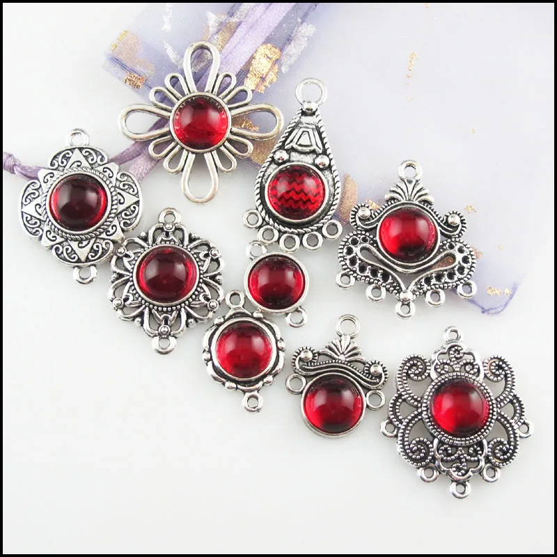 Fashion New Clover Flower Cross Crown Teardrop Charms Connectors 10mm Red Glaze Tibetan Silver Plated Pendants Retro