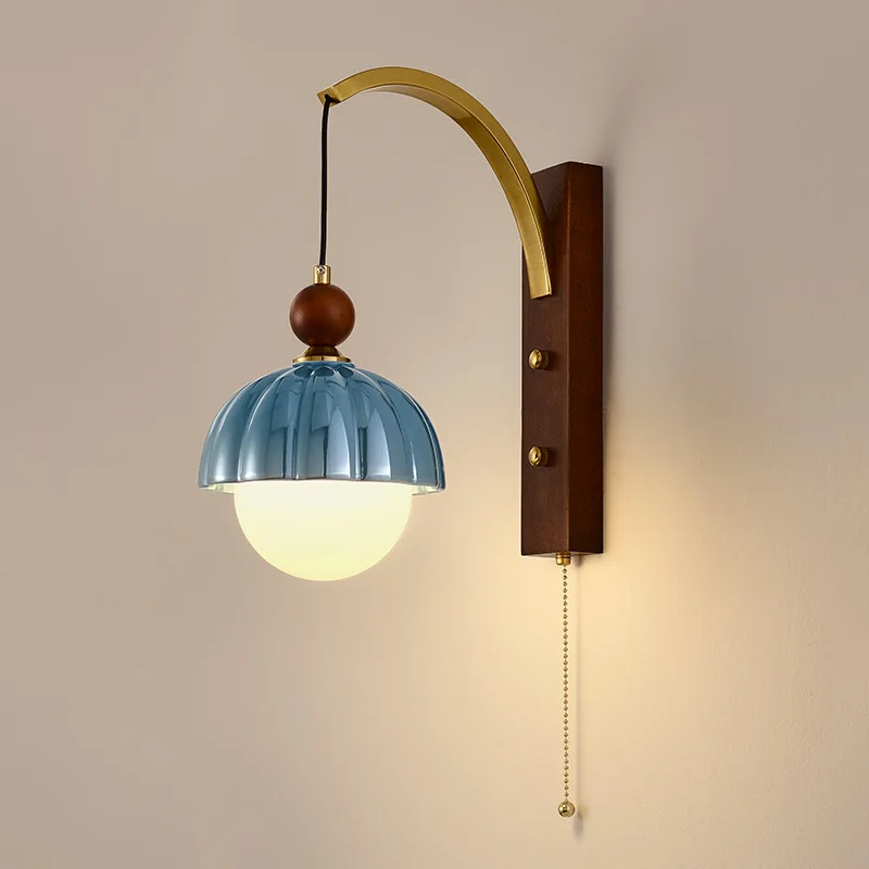 

Medieval Retro Walnut Color Corridor Wall Lamp Led Living Room Sofa Background Bedroom Bedside Study Atmosphere Glass Wall Light