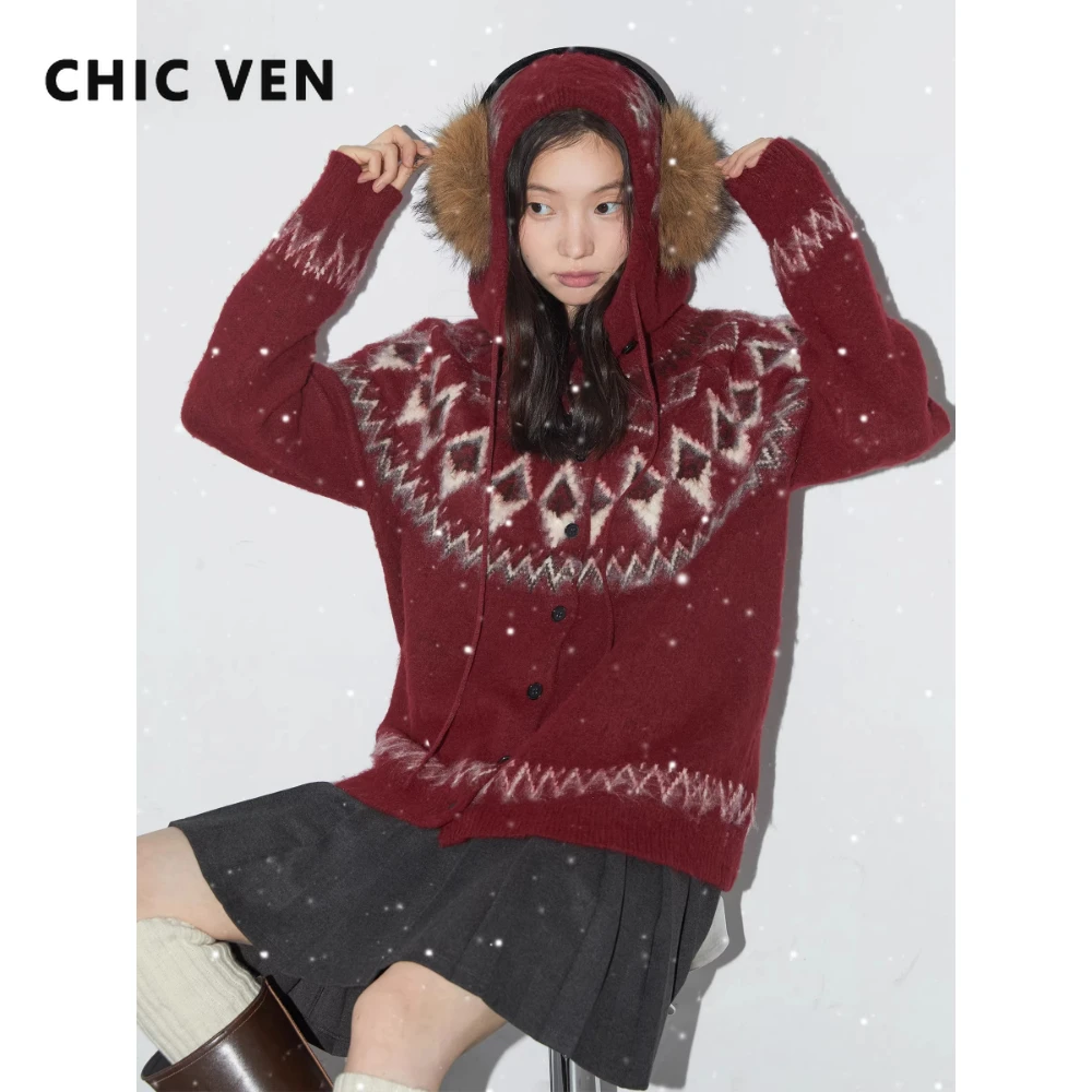 

CHIC VEN, новый женский кардиган, свободный повседневный вязаный свитер в стиле ретро с круглым вырезом и шапкой, осень-зима 2025