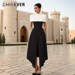 CHICEVER Hit Color Spliced Shawl Dress Women Square Collar Camisole Sleeveless High Waist Elegant Pleated Evening Dresses Female