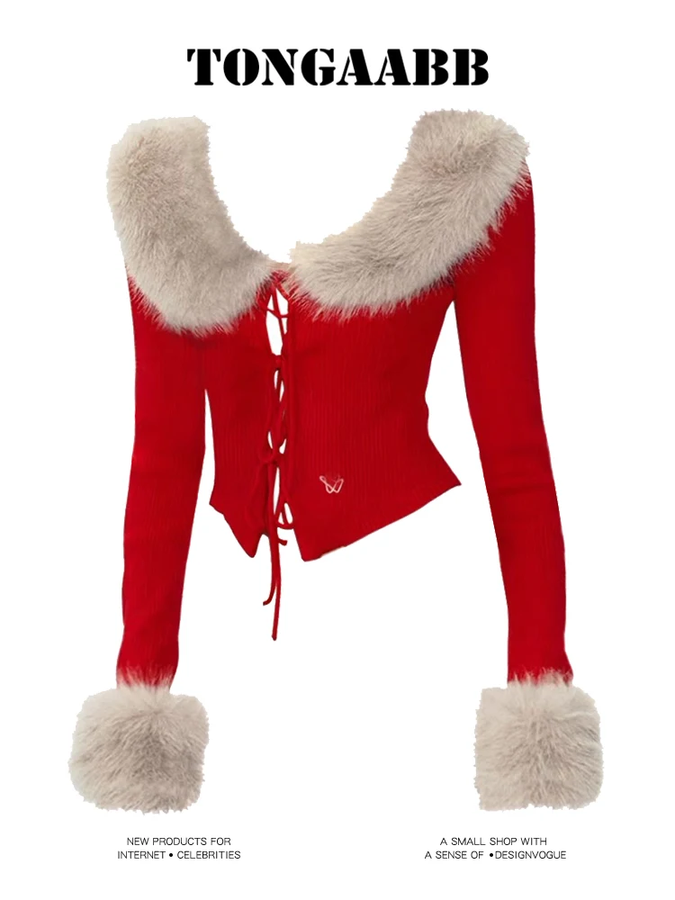 

Vintage Red Knitted Cardigan Sweater Women Patchwork Coat V Neck Long Sleeve Knitwear Casual Loose Outwear Female Tops