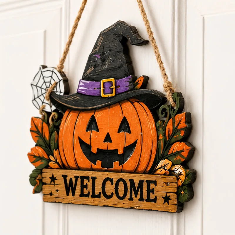 Wooden Halloween Door Hanger Sign Witch Pumpkin Ghost Wall Plaque Farmhouse Front Door Decor for Family Party Festival
