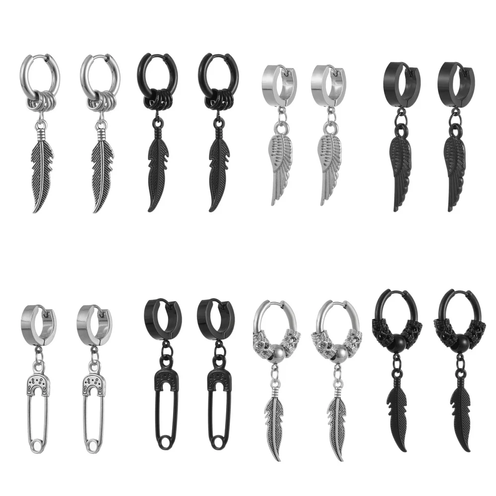 

1 Pairs Punk Stainless Steel Stud Earrings Black Earrings Set For Men Women Vintage Feather Shape Ear Jewelry Accessories