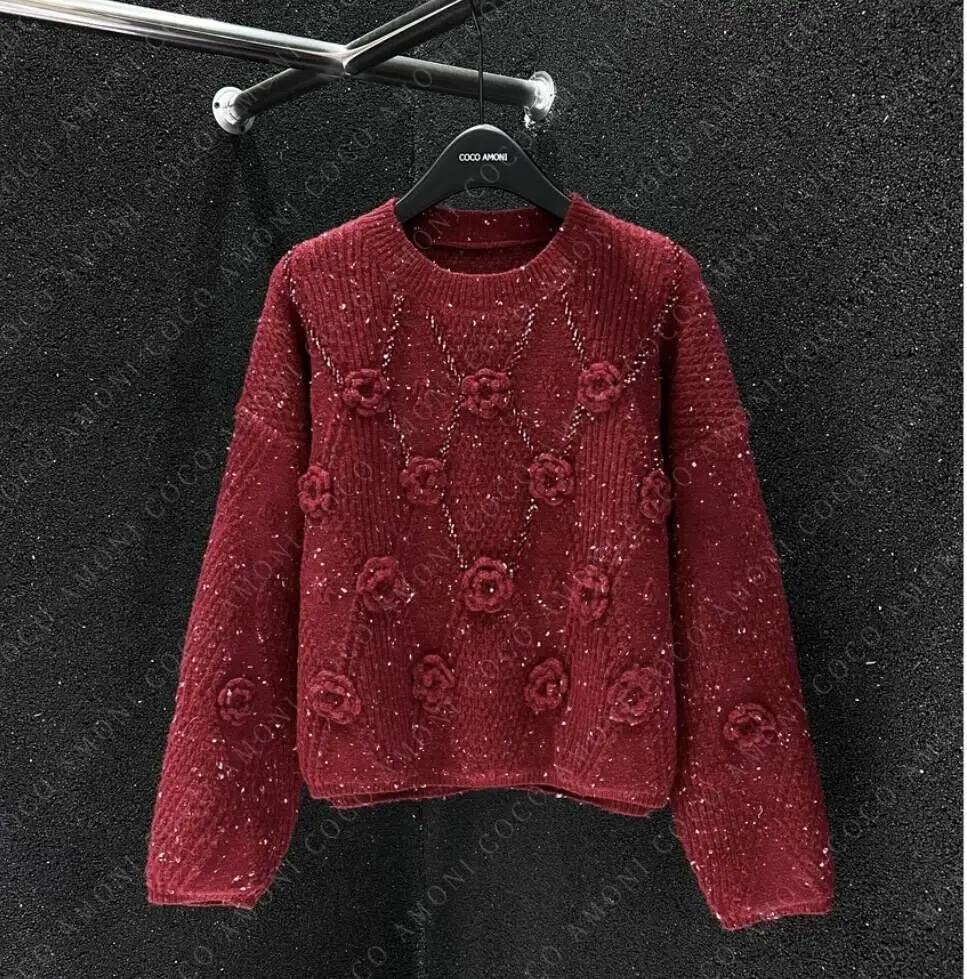 

Camellia Flower Tied O Neck Pullover Plaid Sweater Women Spring Autumn 3D Flowers Knitted 100% Wool Loose Tops Streetwear X862