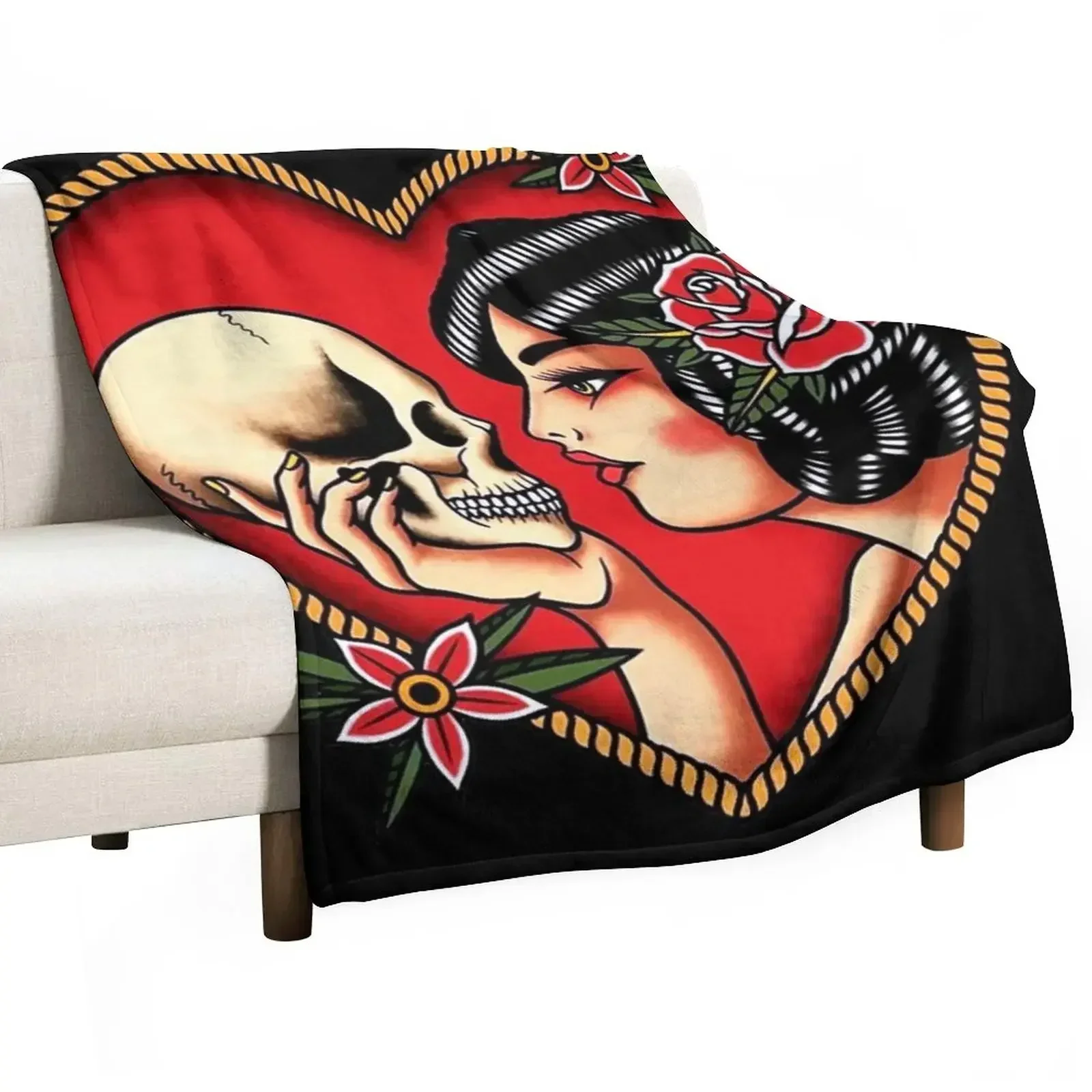 Traditional Beautiful Flapper in Heart Holding Skull Tattoo Throw Blanket for babies manga Bed Decorative Beds Blankets