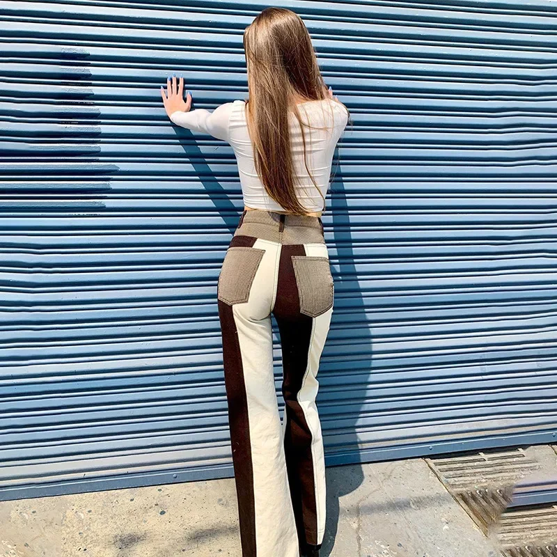 2023 New Women Autumn Winter Straight Color Block Pocket Harajuku High Waist Female Denim Flare Long Pants Fashion Streetwear