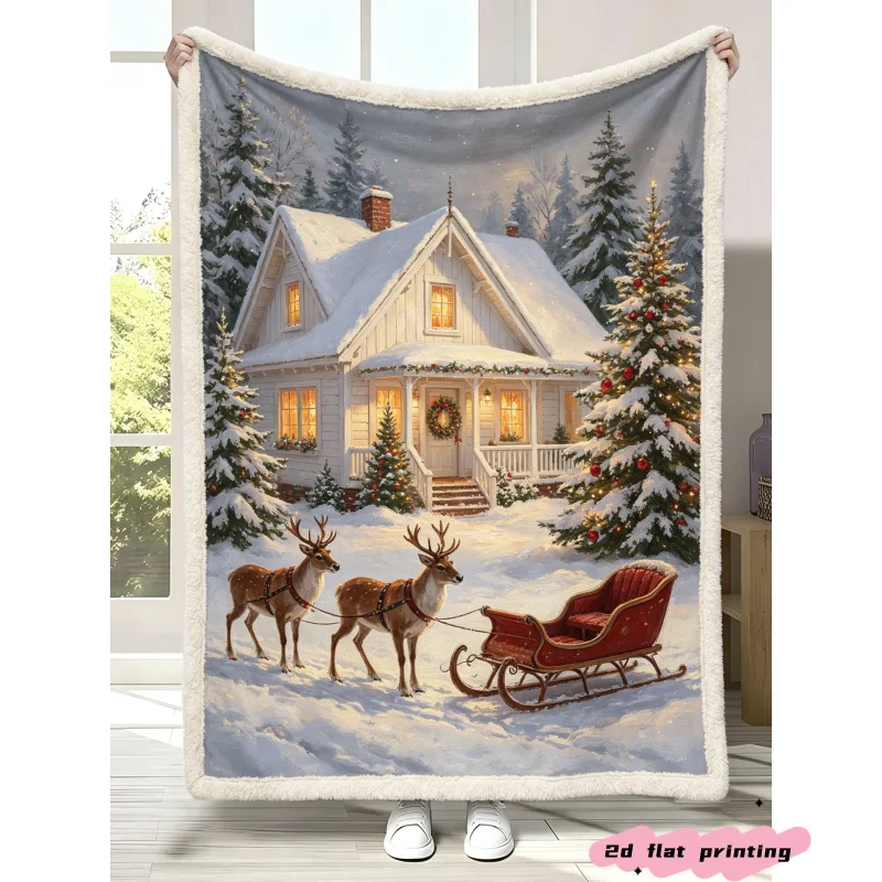 Winter Christmas Village Throw Blanket Snow Cabin Reindeer Sleigh Penguin Gingerbread House Holiday Art Graphic Blanket