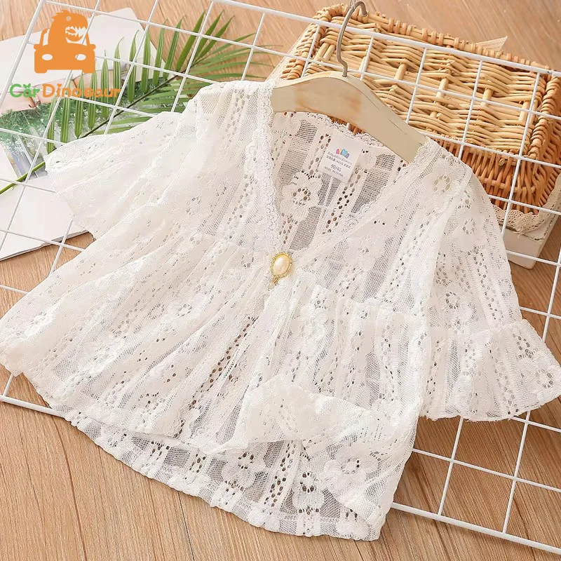 2025 Summer 3 4 6 8 10 12 Years V-Neck Breathable Beach Running Sunscreen UV Sun Protection White Lace Jacket For Kids Baby Girl