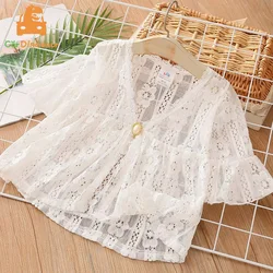 2025 Summer 3 4 6 8 10 12 Years V-Neck Breathable Beach Running Sunscreen UV Sun Protection White Lace Jacket For Kids Baby Girl