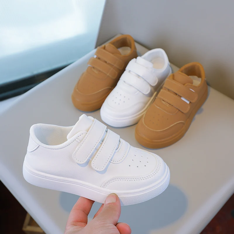 Children White Sneakers Simple Non-slip Boys Girls Casual School Uniform Shoes Double Hook & Loop Fashion Kids Sports Shoes