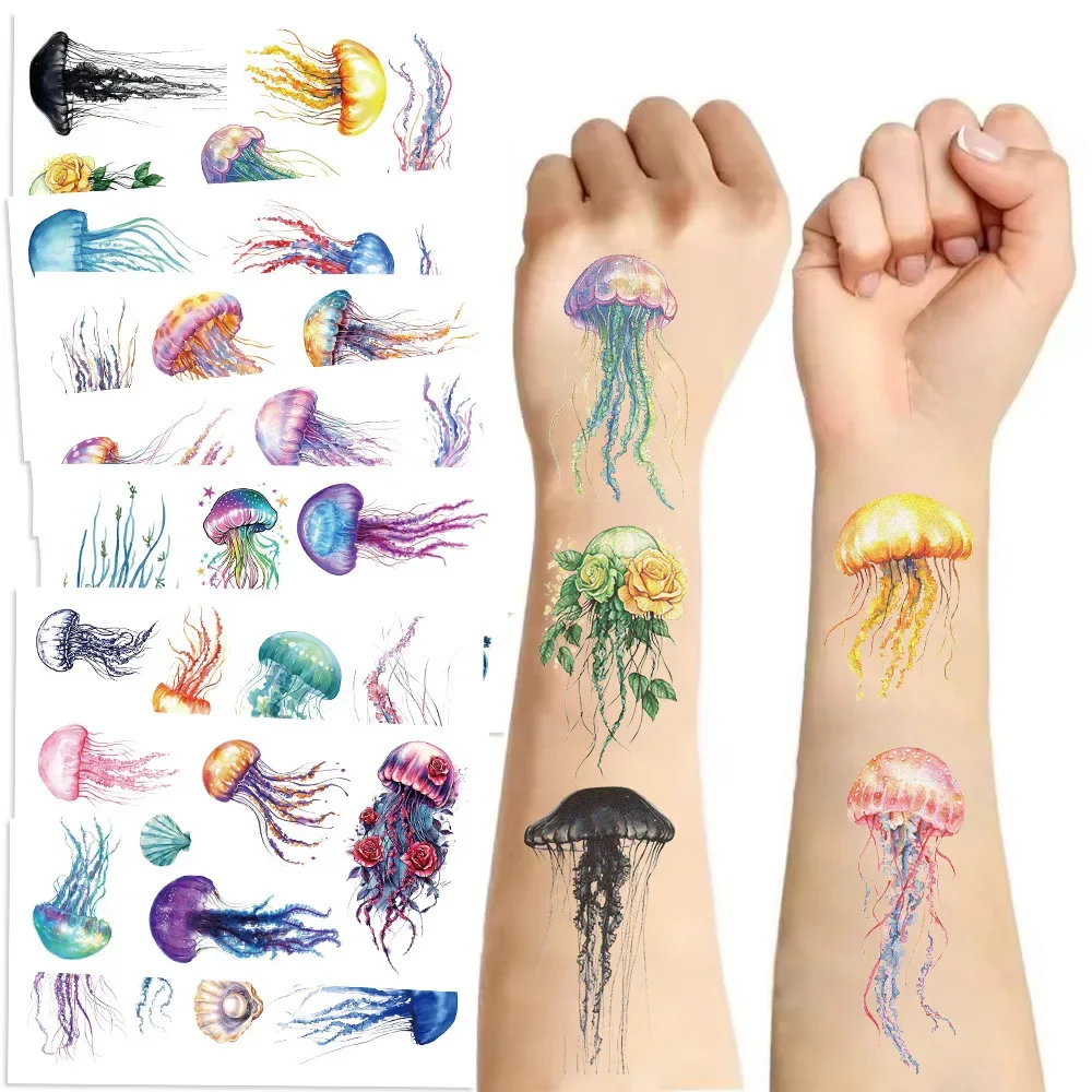 10Pcs Cartoon Jellyfish Temporary Tattoo Stickers, Waterproof Disposable Fake Tattoos for Festival & Party Decoration