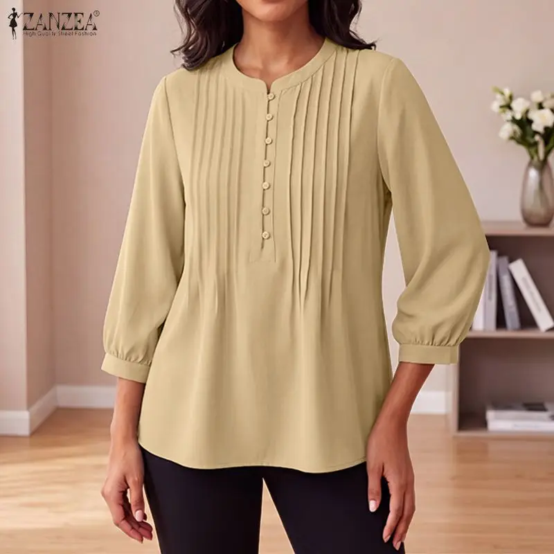 ZANZEA Herbstbluse für Damen, lässig, O-Ausschnitt, 3/4-Laternenärmel, elegante, lockere, einfarbige, plissierte Arbeitsbluse mit Knöpfen.