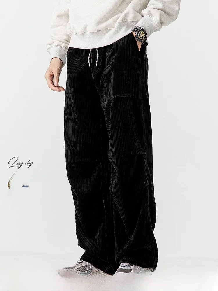 

LAZY DAY Original Men's Retro Pure Color Corduroy Straight Leg Pants Wide Leg Casual Long Trousers Dstring Comfortable Fit