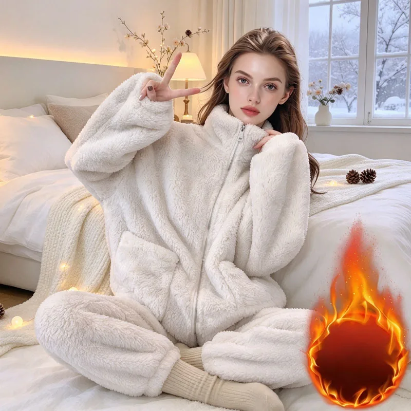 Women Autumn Winter Coral Fleece Pajama Suit Extra Thick Long Plush Heat Retaining Wearable Outdoors Loungewear for Home Party