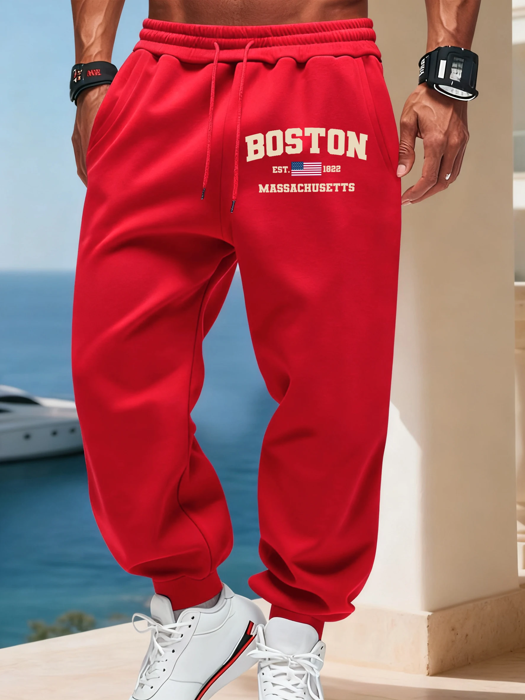 

Boston Massachusetts Prints Casual Trousers Mens Pocket Warm Sportpants Versatile Autumn Sweatpants High Street Basic Britches