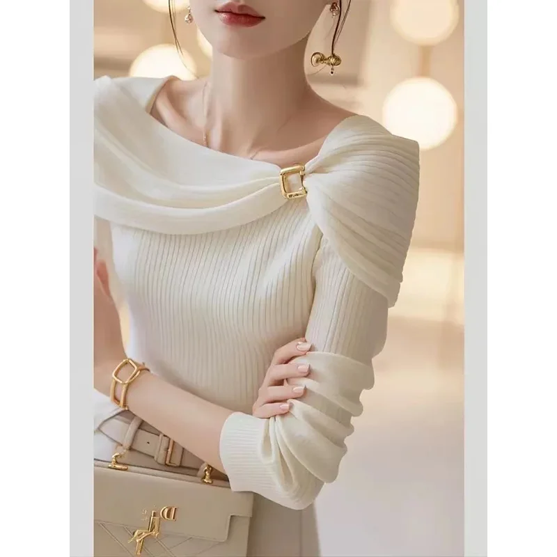 

Женские модные однотонные свитера с шарфом и воротником из мягкой шерсти, женские 2024, осень-зима, новые темпераментные тонкие вязаные пуловеры, топы для поездок на работу