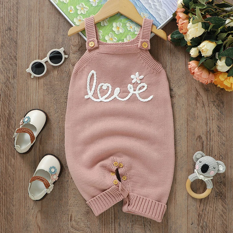 

Baby Romper Knitted Fashion Letters Girl Pink Jumpsuit Sleeveless Autumn Infant Kid Sling Clothes 0-18M Overalls Summer Playsuit