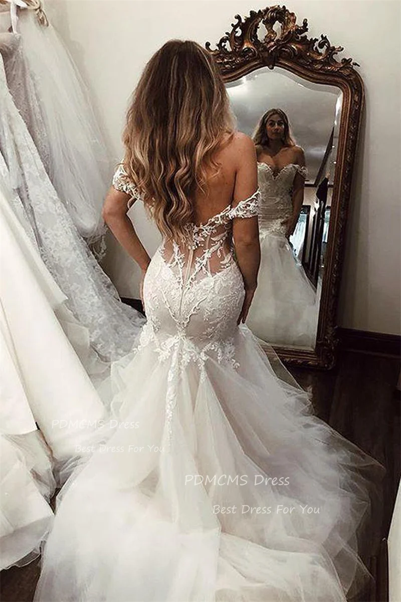 Elegante Sexy Zeemeermin Trouwjurken Kant Appliques Bruid Jurk Vestidos De Novia Off Shoulder Bruidsjurken Backless Quinceanera