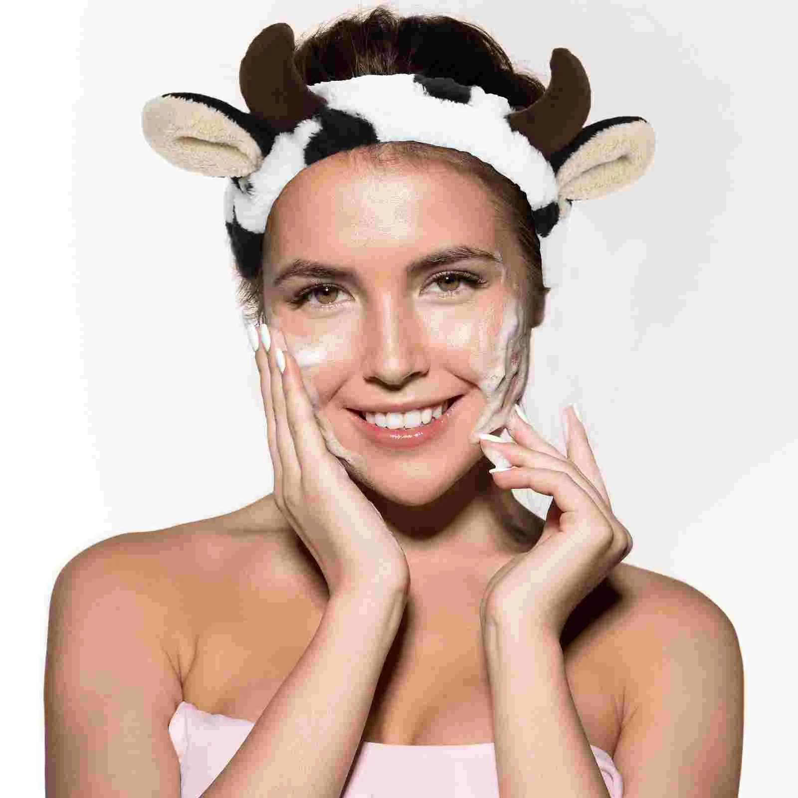 

Cow Ears Fluffy Skincare Headband Horn Baby Headbands Aldult for Washing Face Miss Tail