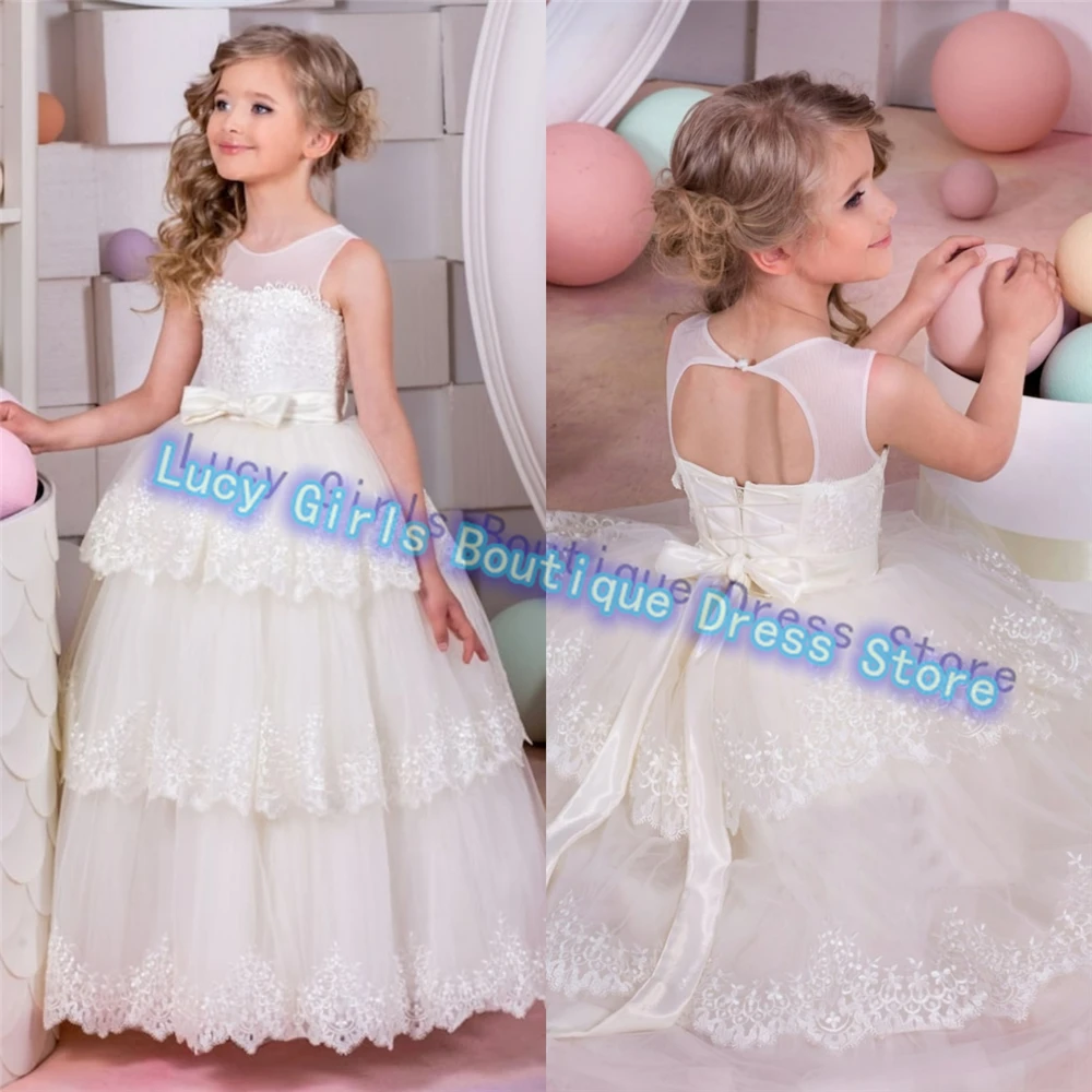 Elegant Lace Printing Flower Girl Dress Quality Ivory Princess With Bow Ribbon Little Baby Girls Birthday Party Gowns Customised