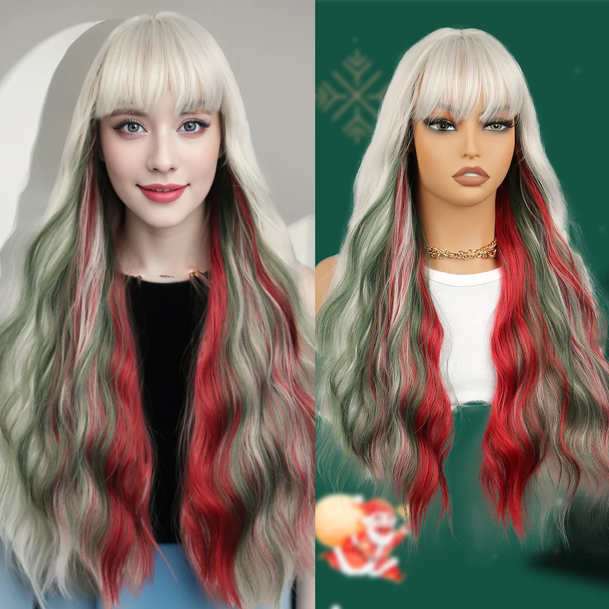 Red and white gradient wave long curly hair synthetic wig|Christmas theme style mixed color neat bangs|holiday creative modeling
