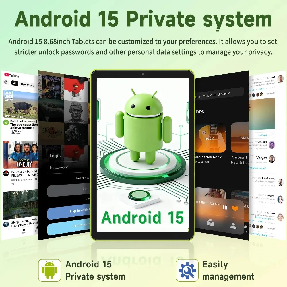 Tableta Android 15, tabletas de 8,68 pulgadas con procesador de 4 núcleos, 8GB RAM 64GB ROM 1TB TF, Widevine L1, batería de 5000mAh, 1340*800Incell