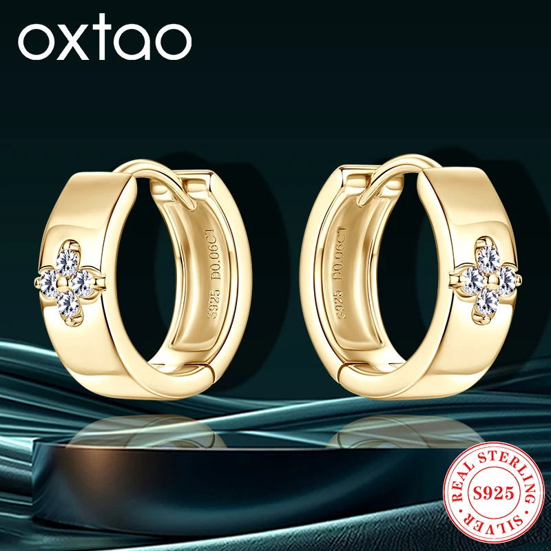 

OXTAO D VVS1 1.5mm Moissanite Hoop Stud Earring Female Jewelry for Women Real S925 Silver Fashion Clover Hoop Earrings Gift