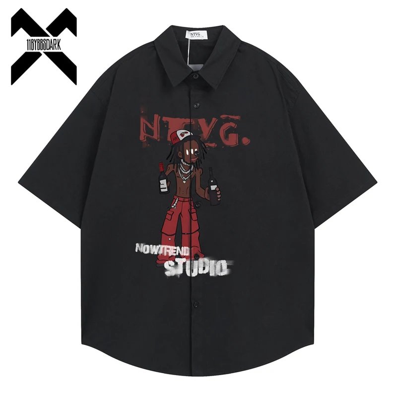 

2026 New Summer Retro Cartoon Graphic Shirt Black White Loose Fit Casual Couple Shirt Unisex Tops