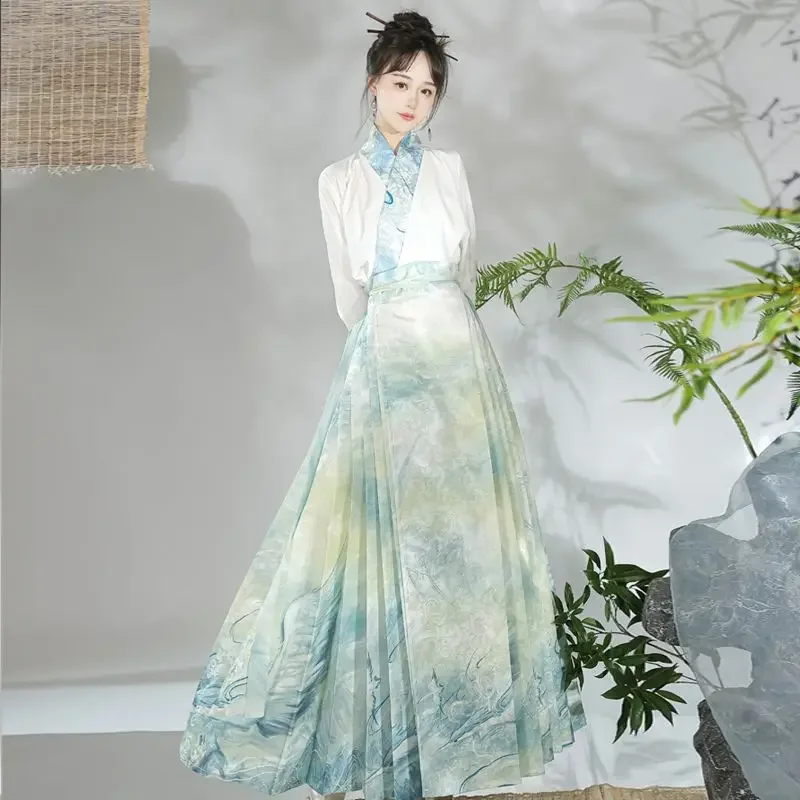 

2024 Chinese traditional ming dynasty horse-face skirt girl cosplay daily hanfu dress set women elegant floral hanfu dress set