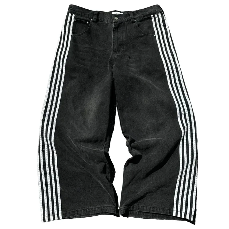 Hip Hop Mens Jeans Y2k Black Striped Baggy Jeans Gothic Embroidered High Street Harajuku Retro Streetwear Wide Leg Denim Pants