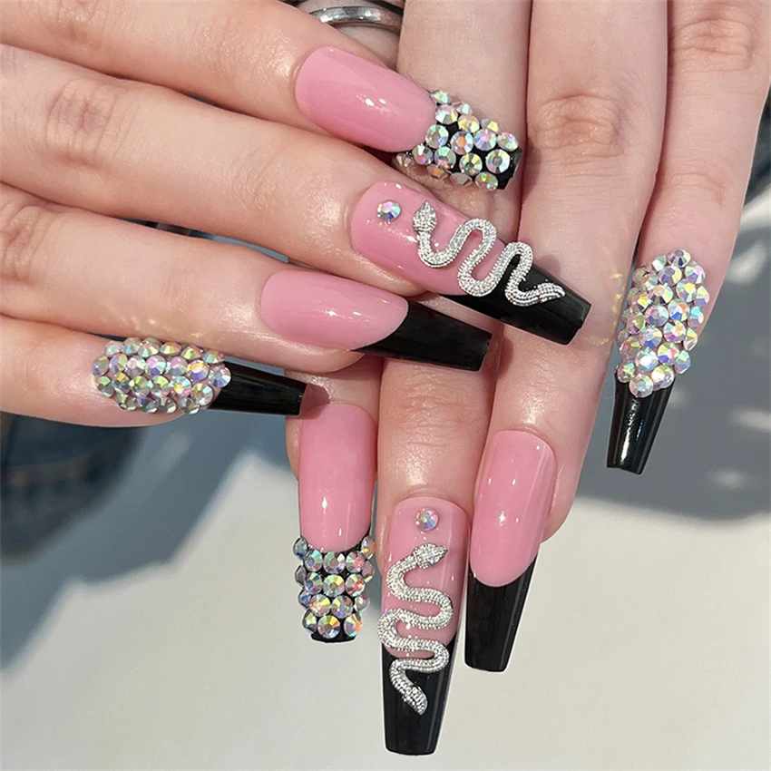 24 teile/los extra lange Ballett gefälschte Nägel Schmetterling mit Diamanten rosa volle Abdeckung Acryl drücken auf Nagels pitzen tragen gefälschte