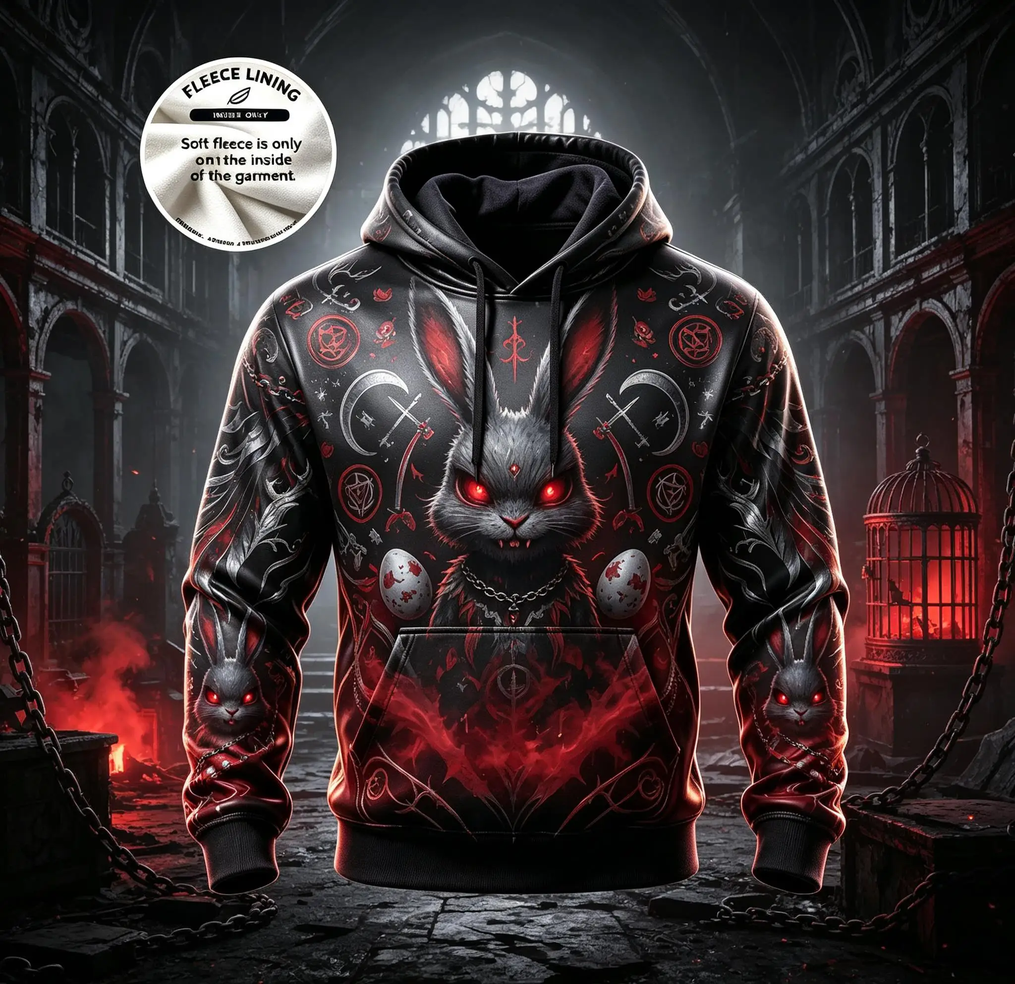 Men Fleece Lined Hoodie Black Red Dark Demon Rabbit Blood Moon Magic Rune Print Pullover Halloween Sweatshirt
