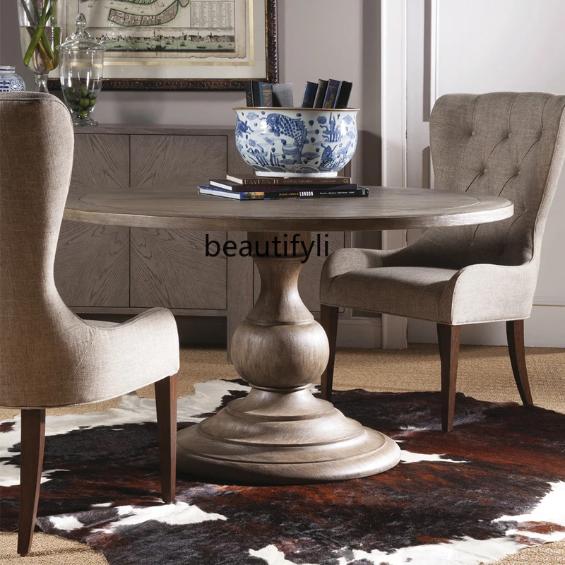 

American country all solid wood round dining table and chair combination retro oak dining table and chair furniture
