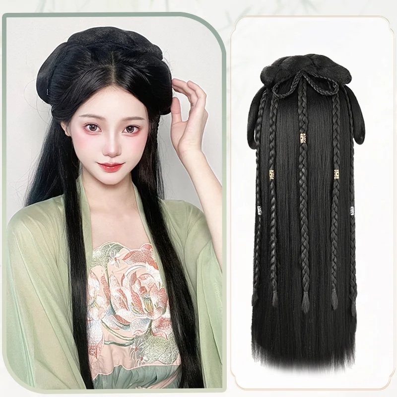 

Парики Hanfu, аксессуары для волос, черный встроенный парик, повязка на голову, косплей, античный парик для китайских старых женщин, парики Hanfu, головной убор