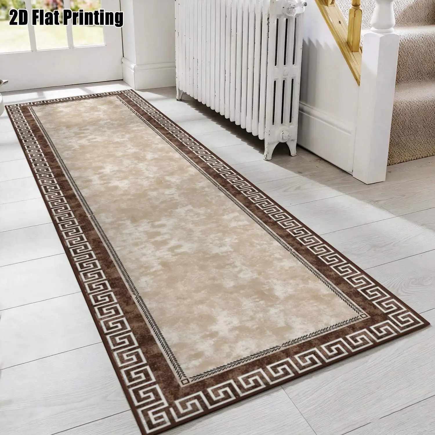 1Pc 2D Printed Long-Strip Running Track Carpet, Beige-Brown Woven Border European-Style, Modern Minimalist Geometric Striped Rug for Home Decor, Available in Multiple Sizes, Machine Washable, Suitable for Entryway, Hallway, Living Room, Bedroom.