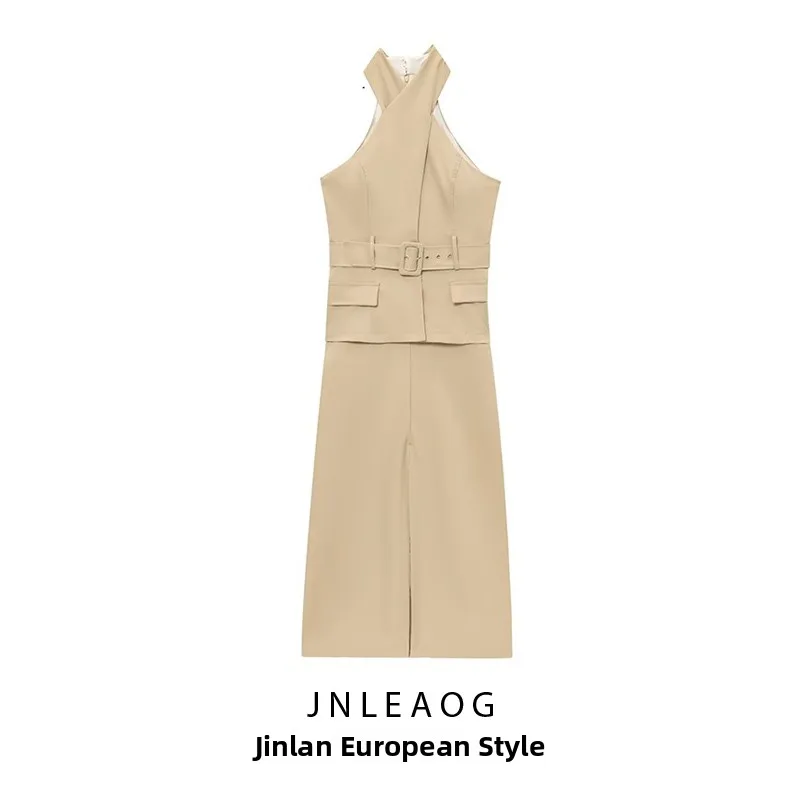 فستان ميدي أنيق من JNLEAOG للنساء، تصميم ربيعي جديد مع حزام وتصميم متقاطع، لون نقي أنيق، خصر مرتفع، مصنوع من ألياف البوليستر