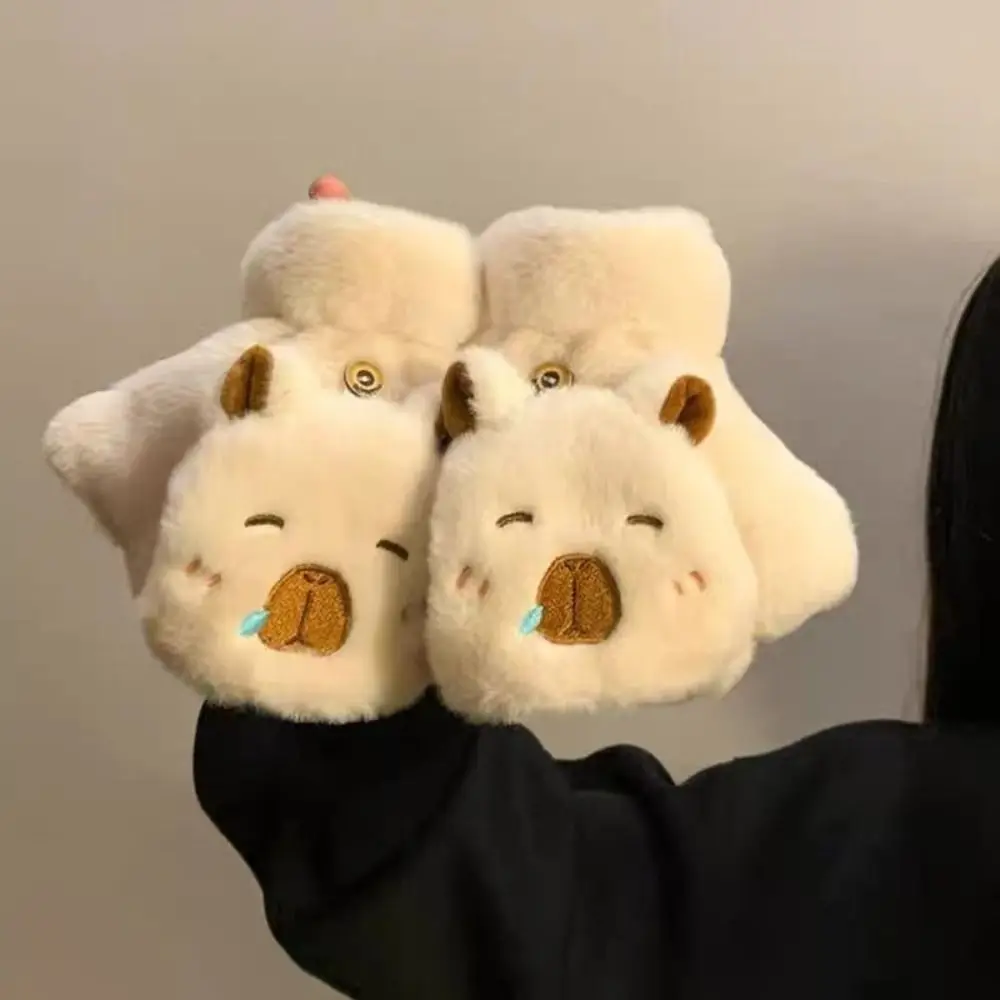 Moda meio dedo luvas de pelúcia tela toque flip capa inverno luvas de veludo engrossado dos desenhos animados capivara luvas estudante