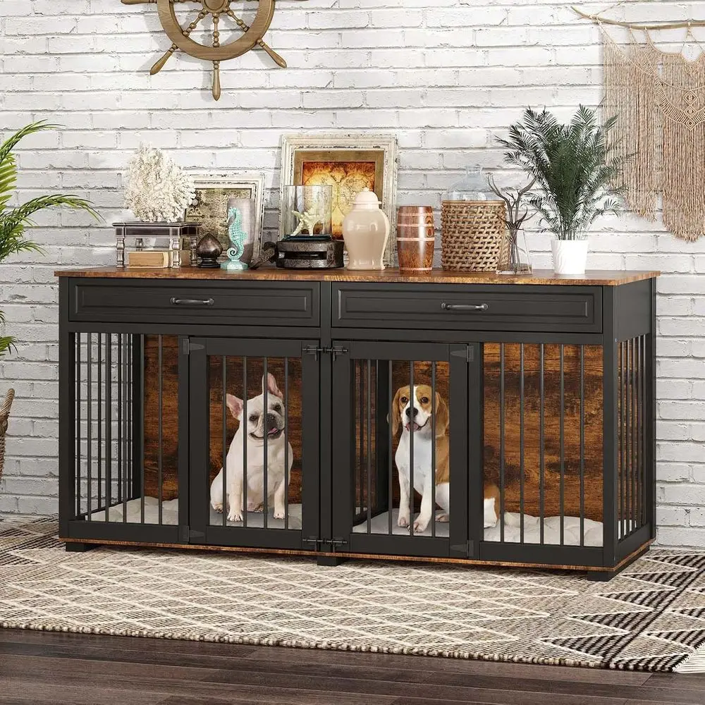 

Sturdy Wooden Dog Crate, Indoor Luxury Kennel with Divider, Double-Room Design for Medium Dogs, Rustic Brown