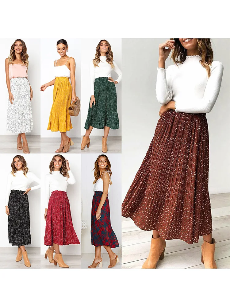 White Dots Floral Print Pleated Midi Skirt Women Elastic High Waist Side Pockets Skirts Summer Elegant Female Bottom