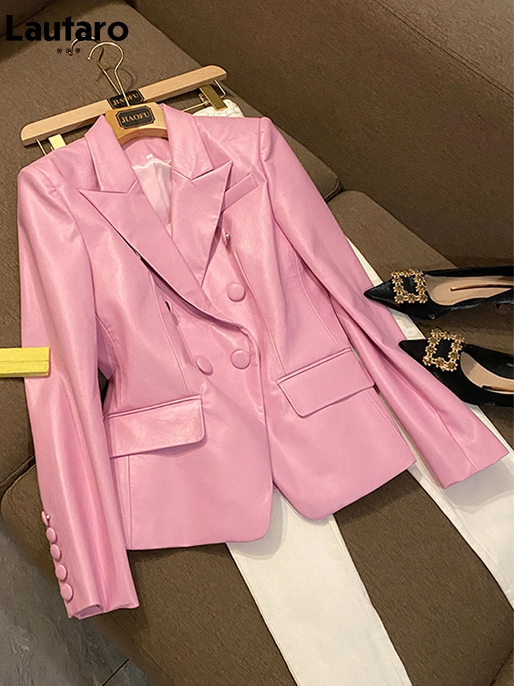 Lautaro primavera elegante curto rosa macio couro do plutônio blazer manga longa fino ajuste jaquetas de luxo para as mulheres 2022 moda elegante 5xl