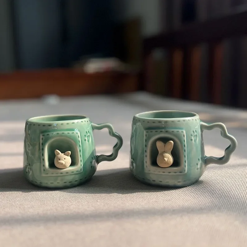 3D Cute Animal Cup Pink Blue Creative Personalized Ceramic Handmade Mark Cup Animal Footprints Couple Coffee Cups