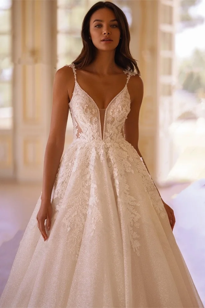 Vestidos de novia de tul con apliques y cuello en V para mujer, vestido de noche con espalda descubierta y corte acampanado, vestidos de novia personalizados