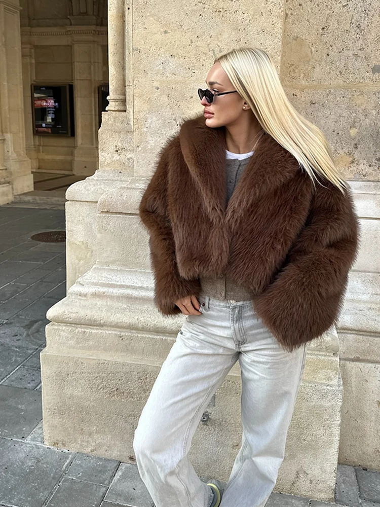 

Vintage Lapel Faux Fur Short Coat Women Brown Long Sleeve Warm Thick Loose Jacket Autumn Winter Lady High Street Outwear