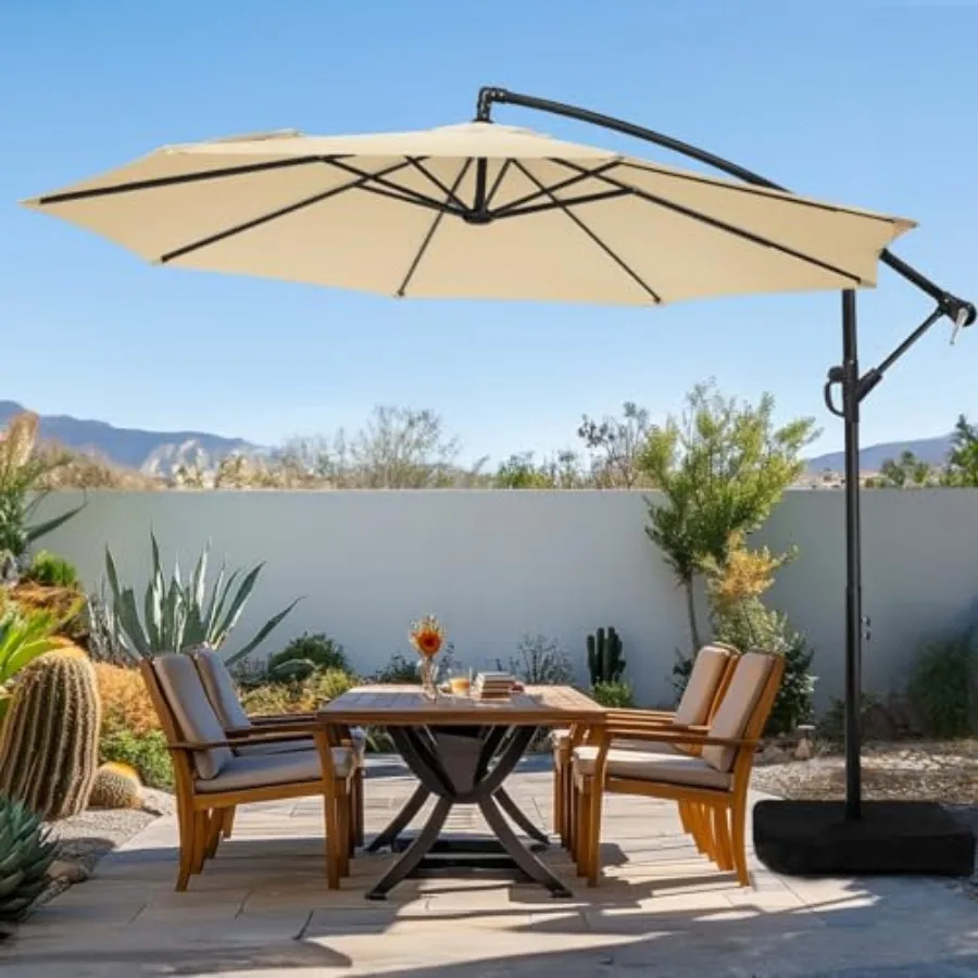 

10ft Patio Umbrella with Base Included, Outdoor Offset Cantilever Umbrella with Sandbag Base for Backyard, Garden and Pool, Eas