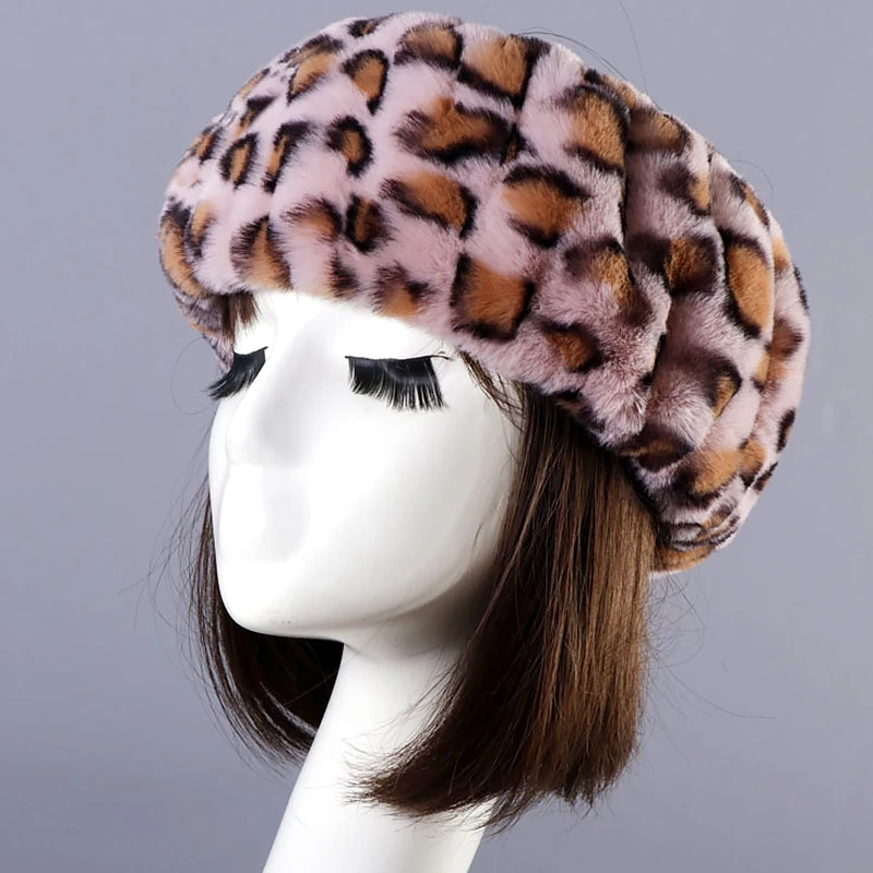 Winter Thick Furry Hairband Fluffy Russian Faux Fur Women Girl Fur Headband Hat Winter Outdoor Earwarmer Ski Hats Leopard 62cm