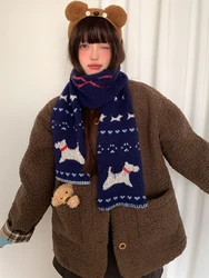 Japanese-Style Dark Blue Small Dog Knit Scarf For Women, Winter Cute Shopping Atmosphere Versatile Warm Student Wool Scarf