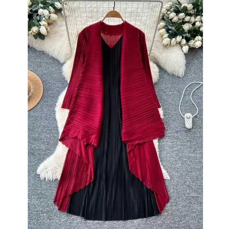 

Ele V-Ne Cardigan Skirt Set Hollow out Lace Design Midi Two-Piece Suit for Women High Waist Pleated Casual Office Wear