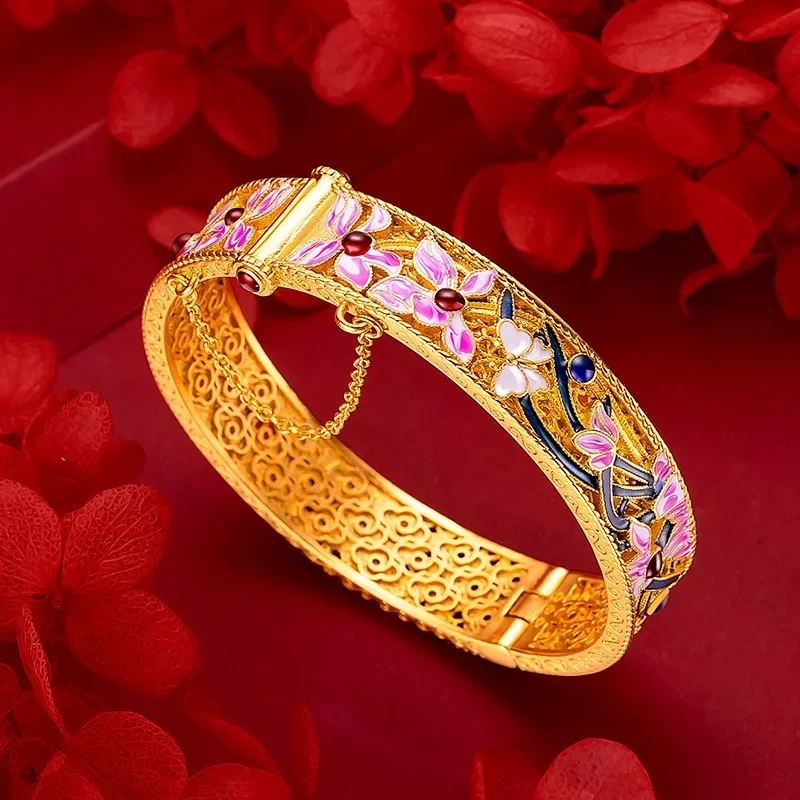 Women 9999 24K Real Gold Vintage Burnt Blue Cloisonn Orchid Bracelet Vintage Court Style Buckle, Huizhi Orchid Heart Enamel