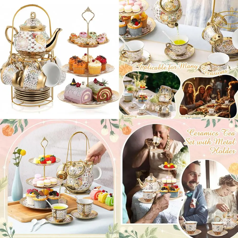 

Adults' European-Style Floral Tea Set: 3-Tier Ceramic Stand, Metal Holder, Porcelain Teapot, Ideal for Christmas Gifts