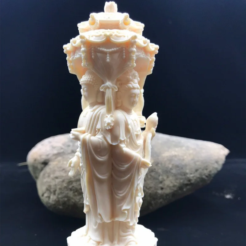 Exquisite Ivory Nut Carved Three Saints of West Amitabha Statue Home Living Room Car Interior Craft Ornament